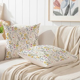 Jayusaror Cushion Cover 50 x 50 cm Spring Colourful Wild Flowers Leaves Outdoor Sofa Cushion Country House Style Cushion Covers Decorative Cushion Couch Cushion Covers Decorative Cushion Cover Garden