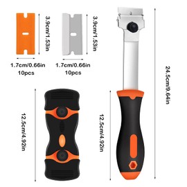 Double Edged Window Scraper, 2Pcs Glass Scraper and Long Handle Scraper with 10 Metal Blades and 10 Plastic Blades for Removing Window Decals Wallpaper Labels(Orange)