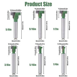 6pcs Keyhole Router Bit Set, 0.24" Shank T Slot Router Bit with Blade Diameter 1/4, 5/16, 3/8, 9/16, 1/2, 5/8 Inch Woodworking T Track Cutter Wood Hex Bolt Milling Cutter Tool