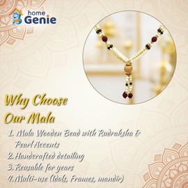 HOME GENIE Decorative Wooden Bead Mala with Rudraksha & Pearl Accents | Handmade Pooja Garland for Deity Idols, Temples, Frames & Spiritual Home Décor | Traditional Indian Prayer Mala