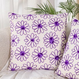 THE ART BOX Pack of 2 Embroidered Decorative Throw Pillow Cover 18x18 Inch Farmhouse Floral Pillowcase for Living Room Sofa Bed (Purple Floral)
