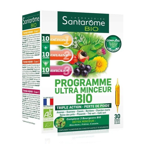 Santarome Bio - Organic Ultra Slimming Programme | Fat Burning Supplement | Lose Weight & Burn Fat - Organic Plants - Pineapple, Guarana, Blackcurrant | Cure 1 Month | Made In France | Vegan