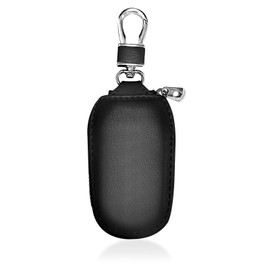 Wogomz Car Key Case, Genuine Leather Auto Key Fob Protector, Universal Key Fob Cover Case with Metal Hook, Car Smart Keychain Holder for Remote Key Fob, Vehicle Keyring Zipper Bag (Black)