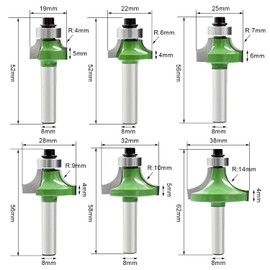 Pack of 6 Rounding Cutters 8 mm Shank, Carbide Radius Cutter with Ball Bearing, Round Over Cutter Bits, Router Bits, Milling Head for Router 8 mm for Carpentry Chamfering Woodworking Trimming
