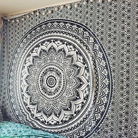 Popular Handicrafts Tapestry Wall Hanging Hippie Ombre Mandala Bohemian Hippy Psychedelic Design Indian Tapestries Bedspread 54 x 82 Inches (140cm x 210cm) Black Grey