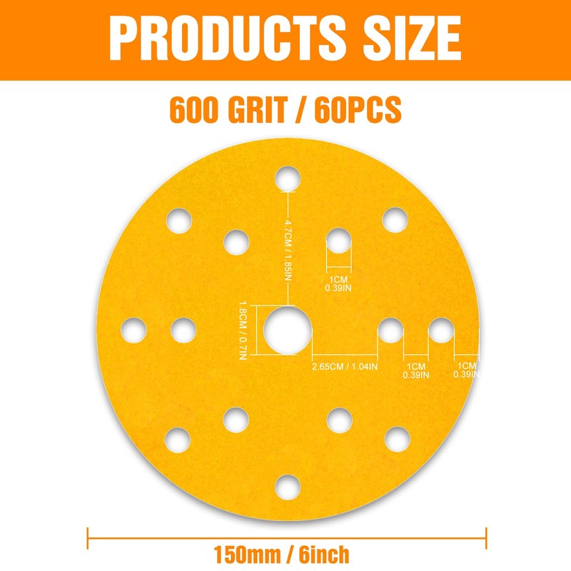 KONGMING 60 Pcs 150mm Sanding Discs 600 Grit Hook and