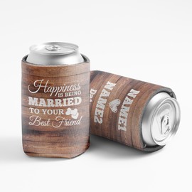 Personalized Wedding Can Coolers – Happiness is Being Married to Your Best Friend – Custom Drink Sleeves by VictoryStore – Fits 12-16oz Cans – Wedding Party Favors, Made in USA, Set of 100