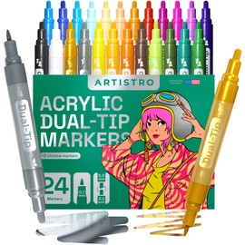 ARTISTRO 24 Dual-Tip Acrylic Paint Markers - Medium + Fine Tip Combo - 22 Bright Colors + 2 Metallic Chrome Paint Pens