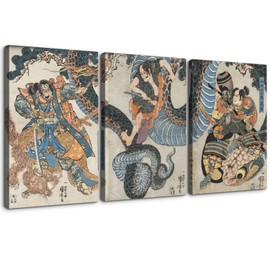 Dimpoli Japanese Painting Canvas Wall Art Decor 3 Piecess 24x36 Inch Katsushika Hokusai Landscape Kamakura Period Kamakura Hall Artwork Reproduction Picture Prints Gallery Wrapped Triptych Room Decoration Ready to Hang