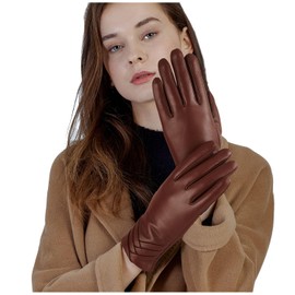 GSG SINCE 1998 Womens Genuine Leather Gloves with Wool Lined Touchscreen Sheepskin Warm Winter Driving Gloves Brown Small