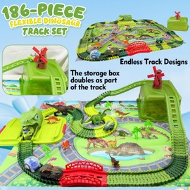 ORPER Toys 186 Pcs Dinosaur Race Track Set Toys for Kids with Flexible Train Tracks, Dinosaur Figures, Dino Race Cars, Play Map and Storage Box for Boys and Girls