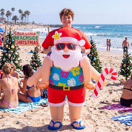 Christmas in July Inflatable Santa Costume Kids Xmas Ride on Inflatables Funny Blow up Santa Claus Suit Summer Christmas Hawaiian Cosplay for Boys Girls