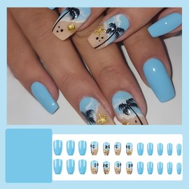 RIICFDD Blue Press on Nails Medium Length Fake Nails Coffin Acrylic Nails Sea wave starfish Glue on Nails Coconut palm Stick on Nails Full Cover Reusable False Nails for Women Nail Decoration 24 Pcs