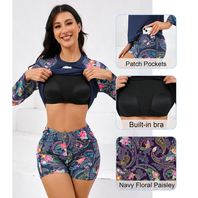 Halcurt Women's Built in Bra Rash Guard Long Sleeve Swimwear