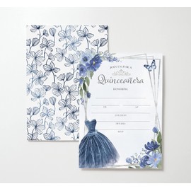 M Market On Mainstreet Quinceanera Party Invitations w/White Envelopes, 25 Count, Made In The USA (25, Blue Quinceanera)
