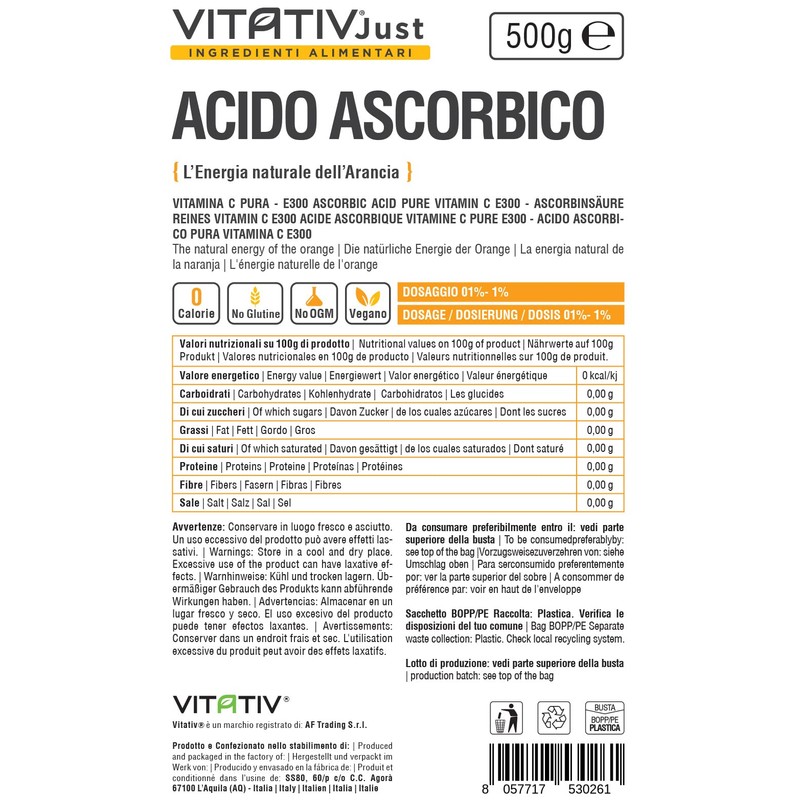 Reine Ascorbinsäure Vitamin C VITATIV JUST 500 Gramm | L-Ascorbinsäure