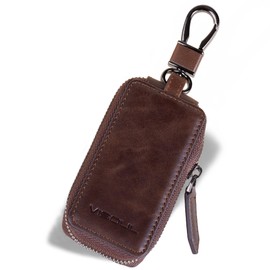 VISOUL Genuine Leather Key Fob Key Bag Car Key Pendant Antique Vintage Carabia Hook Bag Zip, Black(A03), Vintage