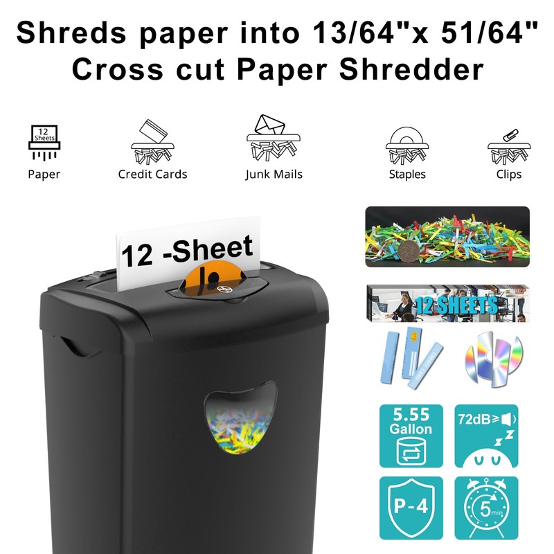 Paper Shredder for Home，Shred 12 Sheet Cross Cut,5.55-Gallon Basket, P-4