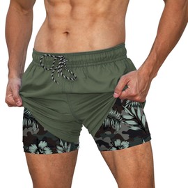 Cozople Men's Swim Trunks Quick Dry Compression Liner Board Shorts Boxer Brief Lined 2 in 1 Swimming Shorts Inner Hibiscus Flower Print Swimwear for Surfing Army Green Size Large