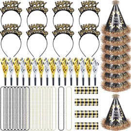 52 Pieces New Year's Party Decorations Kits for 16, Includes Happy New Year Headband, Tassel Cone Hats, Plastic Necklaces, Aluminum Film Party Favors Supplies for New Year, Christmas