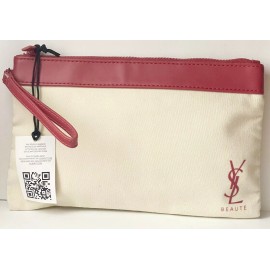 Yves Saint Laurent Beaute YSL tan Beige/Red  Makeup cosmetic Bag Pouch Wrislet