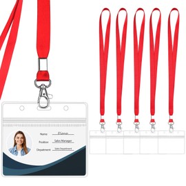 WILLIZTER Clear ID Badge Holder with Lanyard Water Proof Horizontal Display Identification Card Name Card Protector with Zipper Resealable Nametag Holder (Red - 6PCS)