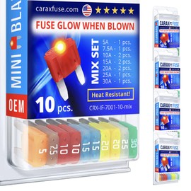 CARAX Premium Mini Blade 10 pcs. Assortment Kit LED Automotive Fuse Smart Auto Glow for Easy Identification Mix 10 pcs.