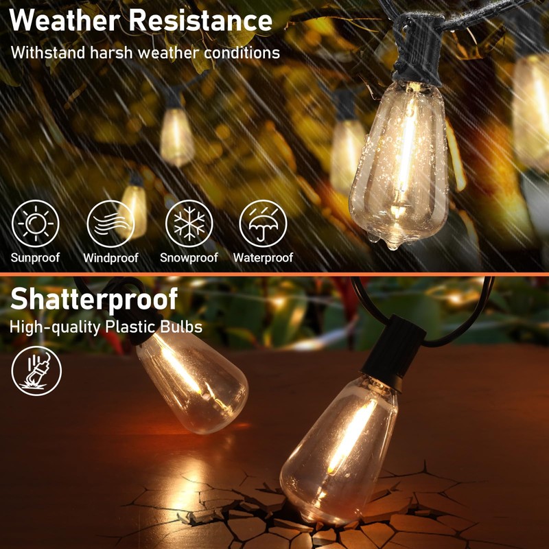 Bosceos Solar Outdoor String Lights Waterproof, 60FT Solar Powered String