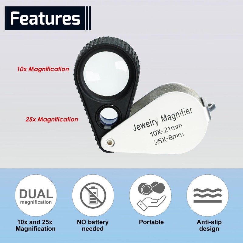 Jewelers Loupe Magnifier, Foldable Jewelry Loupe 10X + 25X, Eye