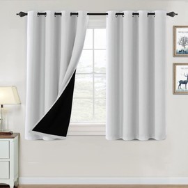 H.VERSAILTEX 100% Blackout Curtains for Bedroom Thermal Insulated Blackout Curtains 45 inch Length Full Light Blocking Window Drapes for Living Room with Black Liner 2 Panels, Greyish White
