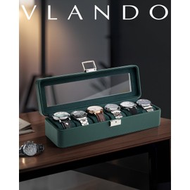Vlando Watch Case for Men, 6-Slot Watch Box with Glass Lid, Lockable, Business Lychee Leather, Soft Pillow, Gift for Fathers, Husband, Friend - Dark Green