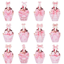 Glavatrix 12 sets Pink Bow Cupcake Toppers and Wrappers Bottomless Decorative Cupcake Liners Coquette Bowknot Paper Picks Muffin Dessert Holder for Birthday Baby Shower Bachelor Bow Themed Party Favor
