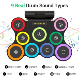 ROCKSOCKI Electric Drum Set 9-Pad With Headphone, Bigger Roll-up Drum Pad USB MIDI Game, Built-in Speaker, Drum Sticks, Foot Pedals 10 Hours Playtime Holiday Xmas Birthday Gift for Kids