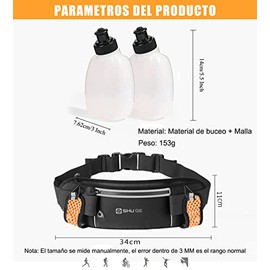 Cangurera Deportiva con 2 botellas de agua (2 x 280 ml),Riñonera reflectante para correr,Bolsa de cintura deportiva ajustable para maratón,Ideal para 