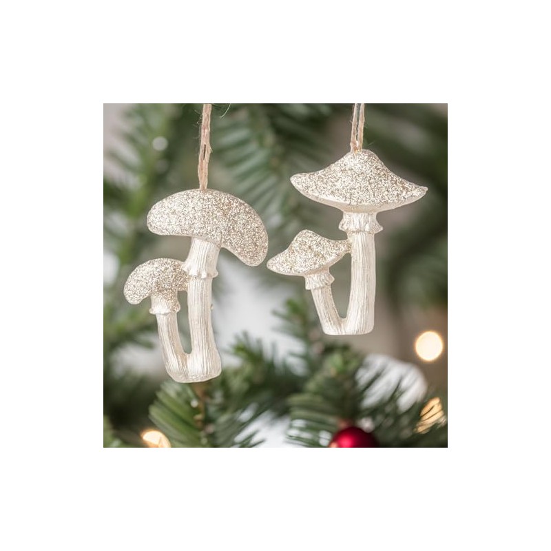 Champagne Glittered Mushroom Ornament Set