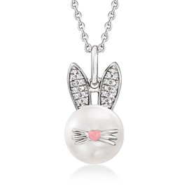 Ross-Simons 9-9.5mm Cultured Pearl Bunny Pendant Necklace With Diamond Accents in Sterling Silver. 18 inches