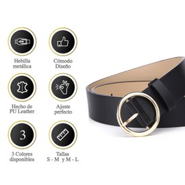 Vedicci Cinturon para mujer de Piel sintética/Piel Vegana con hebilla metálica circular. Cintos para mujer de diseño casual o formal. Cinturones mujer en 2 tallas. Women Belt. Spheren (Negro, M-L)