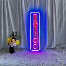 Dimmable Tattoo Neon Sign,LED Reusable Neon Signs,Arylic Ice Blue Tattoo Shop Sign with Dimmer for Tattoo Salon, Studio, Shop Plaque,Tattoo Gifts for Friends,16x5.9in(Blue+Red)