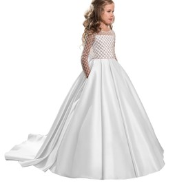Christmas Flower Girl Dress Floor Length Button Draped Tulle Ball Gowns for Kids (8, White)