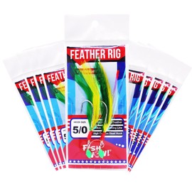 10pks Fish WOW!® Fishing Feather Rig Rockfish Rigged with 5/0 Two High-Carbon Steel Hooks Rock cod Lures Jigging Rig Green Yellow