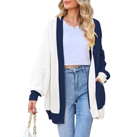 Women's Colorblock Cardigan Long Sleeve Open Front Ribbed Knit Oversized Cardigans Sweaters with Pockets Navy Blue L