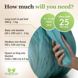 MeriWoolArt® 100% XXL Merino Wool Yarn, 4 - 5 cm Thick Wool Yarn, Felting Wool Dry Felting, Wet Felting, DIY Wool Yarn Blanket, Baby Wool, Arm Knitting Blanket Yarn, Azure Blue, 500 g