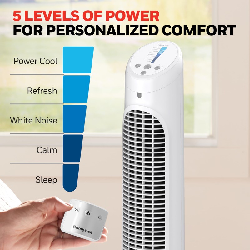 Honeywell QuietSet Whole Room Oscillating Tower Fan with Remote, White,