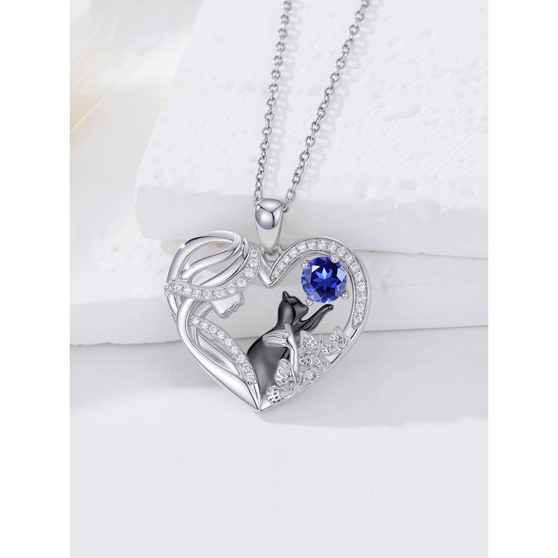 Dorunmo Cat Necklace Sterling Silver Heart Black Cat Birthstone Pendant