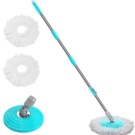 Stainless Steel Extendable Mop Handle with 2 Microfiber Replacement Heads & 360° Rotating Base Plate — Fits Standard Mop Buckets -White