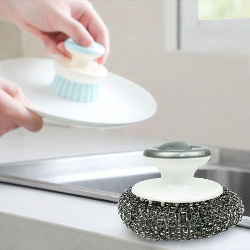 2 Pcs Stainless Steel Scrubber with Handle and 2 Pcs