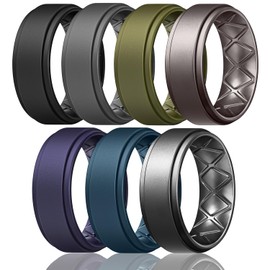 Egnaro Silicone Wedding Rings Mens, Inner Arc Breathable Design Silicone Rings for Men, 7 Rings / 4 Rings / 1 Ring Step Edge Rubber Wedding Engagement Bands Comfort for Workout, 8mm Wide-2mm Thick