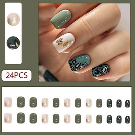 WAFOLOZE Press On Nails Short，Acrylic Nails Press on ，Short Square Press on Nails Fake Nails Glossy Green False Nails with Leopard Print Gold Foil Press ons Designs Stick on Nails for Women 24Pcs