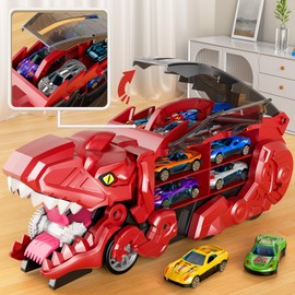 Toddler Car Toy for 3-6 Years Boys - 10 Diecast Cars, Dinosaur Transporter Truck, Transforms into Dino