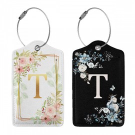 2 Pack Luggage Tags for Suitcases Leather Bag Tags for Backpacks Handbag School Instrument with Name ID Label Travel Essentials Floral Letter T